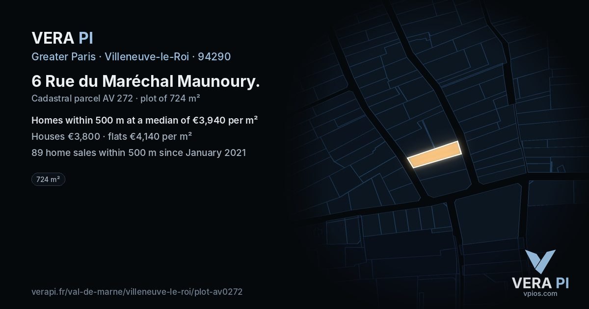 6 Rue du Maréchal Maunoury, Villeneuve-le-Roi at night – the plot lit, the parcels around coloured by the prices near them