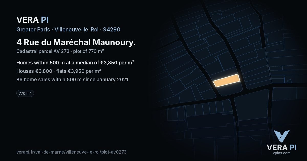 4 Rue du Maréchal Maunoury, Villeneuve-le-Roi at night – the plot lit, the parcels around coloured by the prices near them