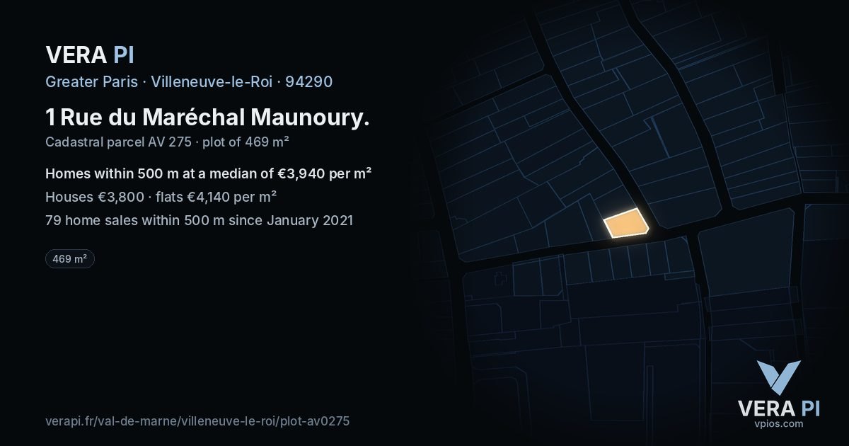 1 Rue du Maréchal Maunoury, Villeneuve-le-Roi at night – the plot lit, the parcels around coloured by the prices near them