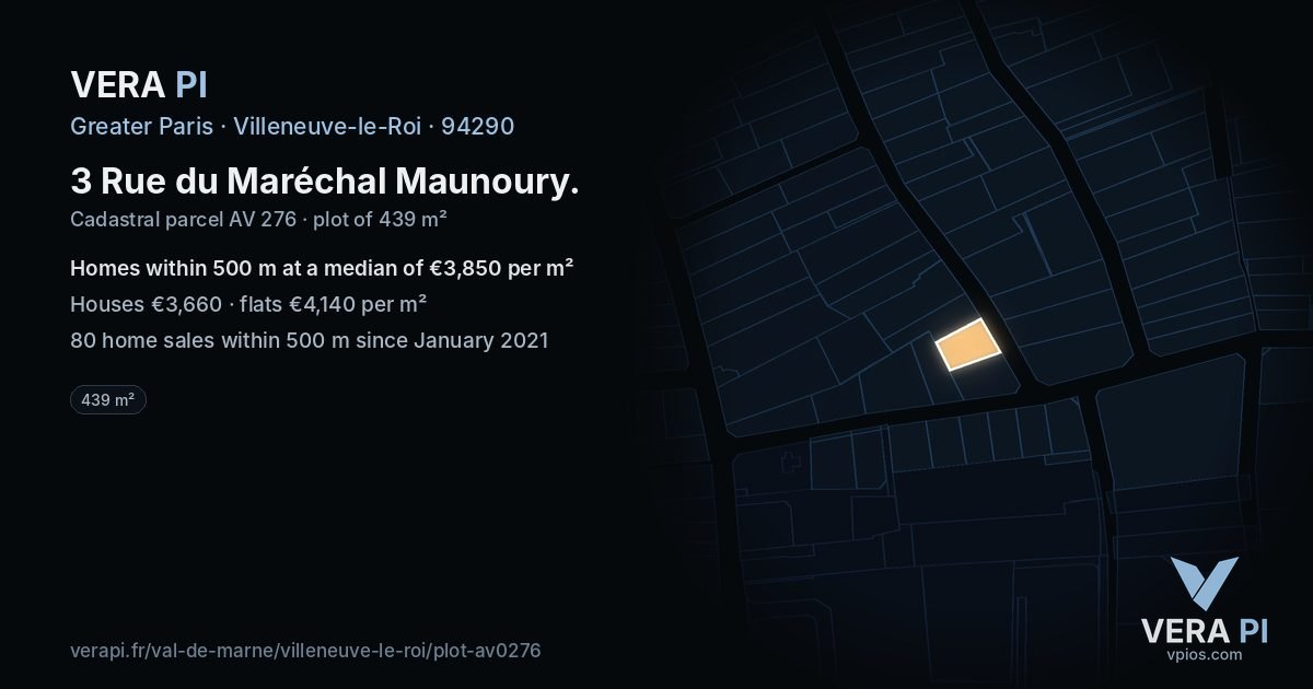 3 Rue du Maréchal Maunoury, Villeneuve-le-Roi at night – the plot lit, the parcels around coloured by the prices near them