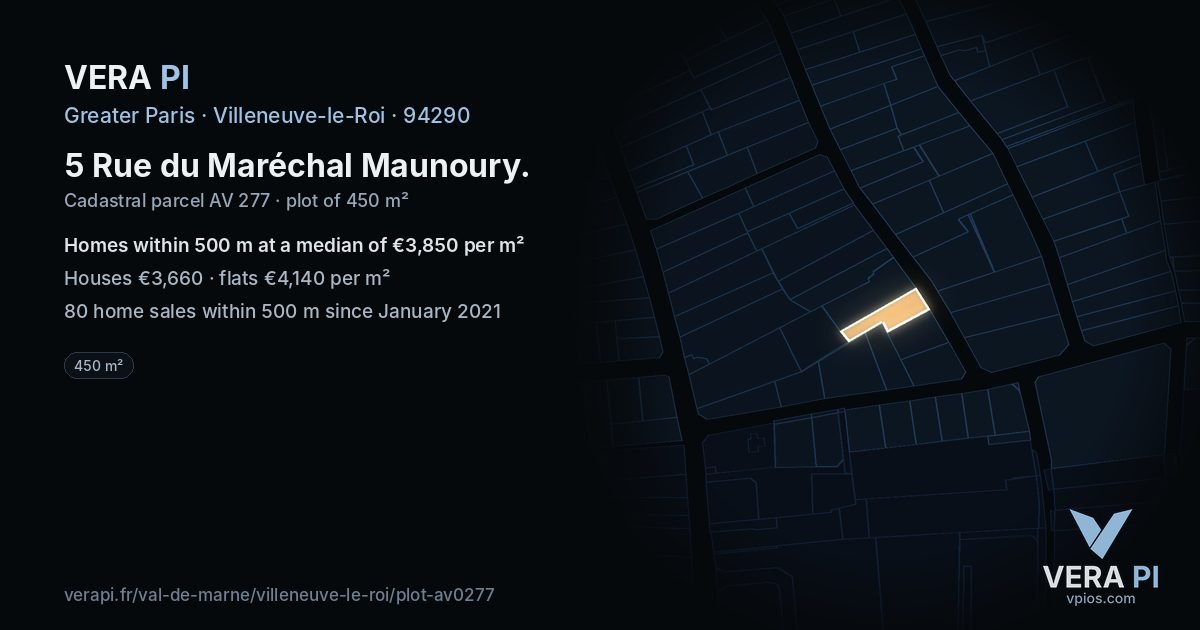 5 Rue du Maréchal Maunoury, Villeneuve-le-Roi at night – the plot lit, the parcels around coloured by the prices near them