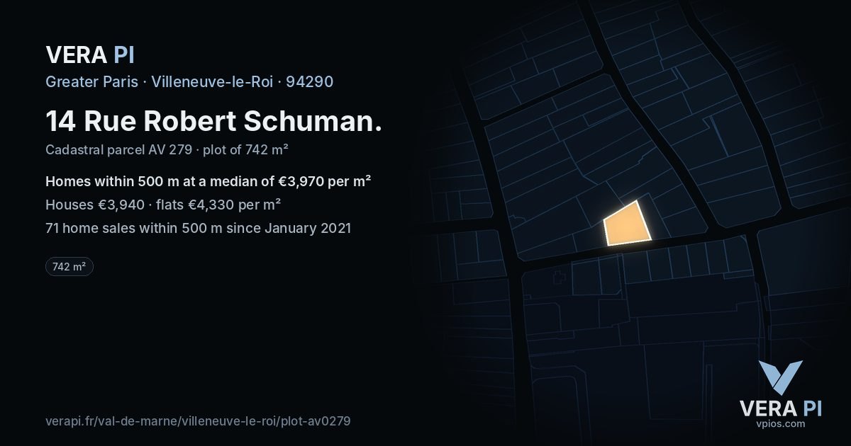 14 Rue Robert Schuman, Villeneuve-le-Roi at night – the plot lit, the parcels around coloured by the prices near them