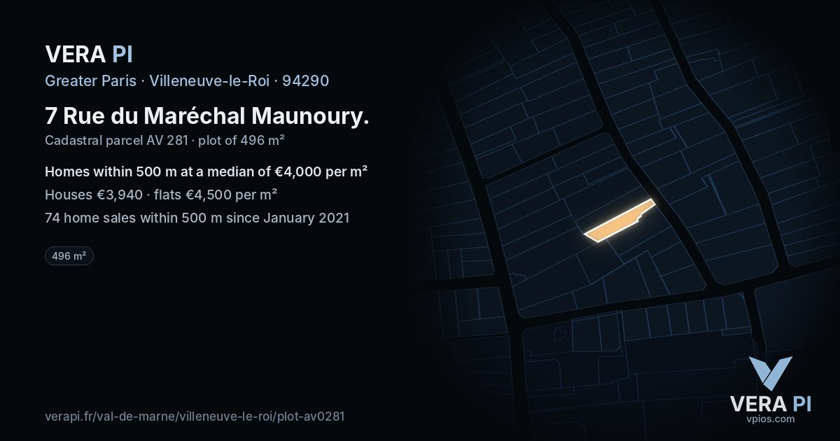 7 Rue du Maréchal Maunoury, Villeneuve-le-Roi at night – the plot lit, the parcels around coloured by the prices near them