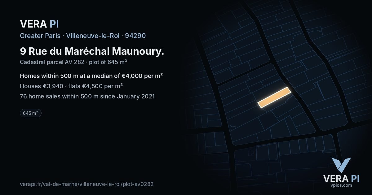 9 Rue du Maréchal Maunoury, Villeneuve-le-Roi at night – the plot lit, the parcels around coloured by the prices near them