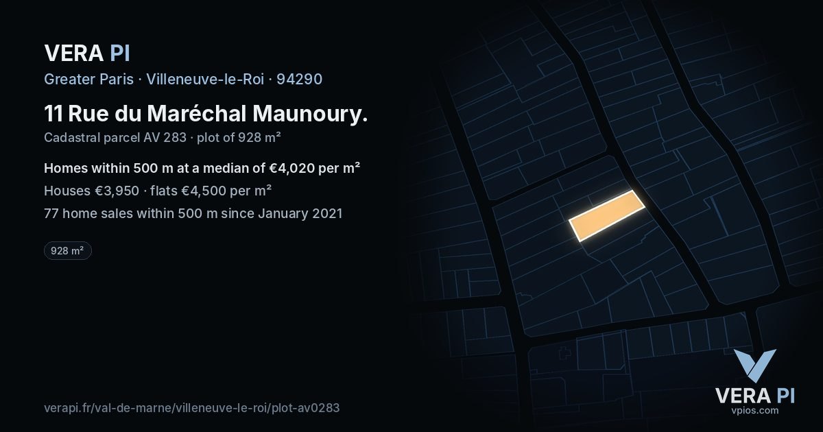 11 Rue du Maréchal Maunoury, Villeneuve-le-Roi at night – the plot lit, the parcels around coloured by the prices near them