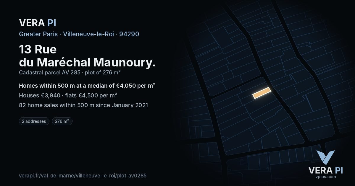 13 Rue du Maréchal Maunoury, Villeneuve-le-Roi at night – the plot lit, the parcels around coloured by the prices near them