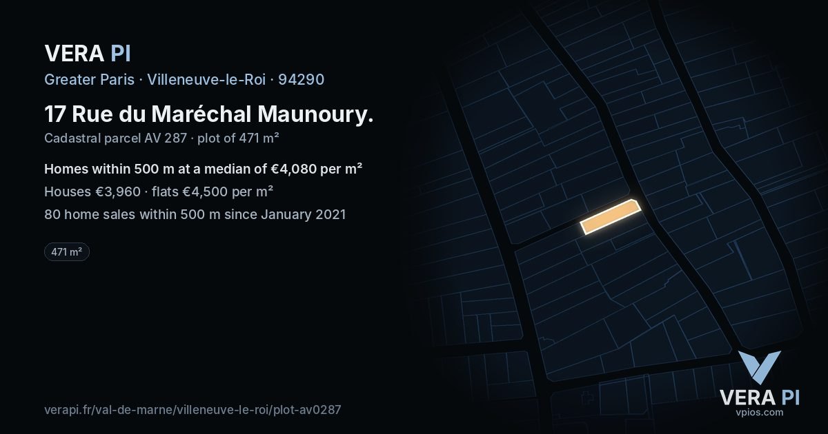 17 Rue du Maréchal Maunoury, Villeneuve-le-Roi at night – the plot lit, the parcels around coloured by the prices near them