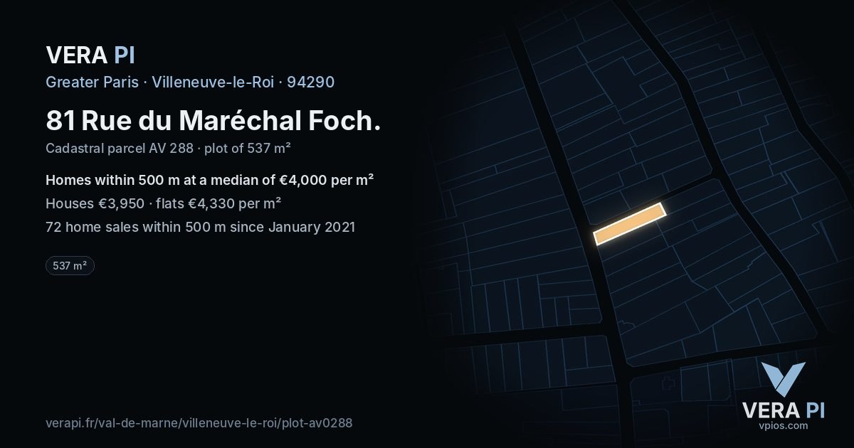 81 Rue du Maréchal Foch, Villeneuve-le-Roi at night – the plot lit, the parcels around coloured by the prices near them
