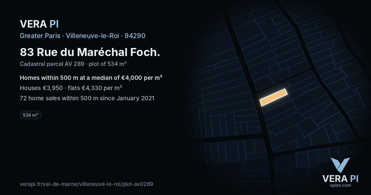 83 Rue du Maréchal Foch, Villeneuve-le-Roi at night – the plot lit, the parcels around coloured by the prices near them