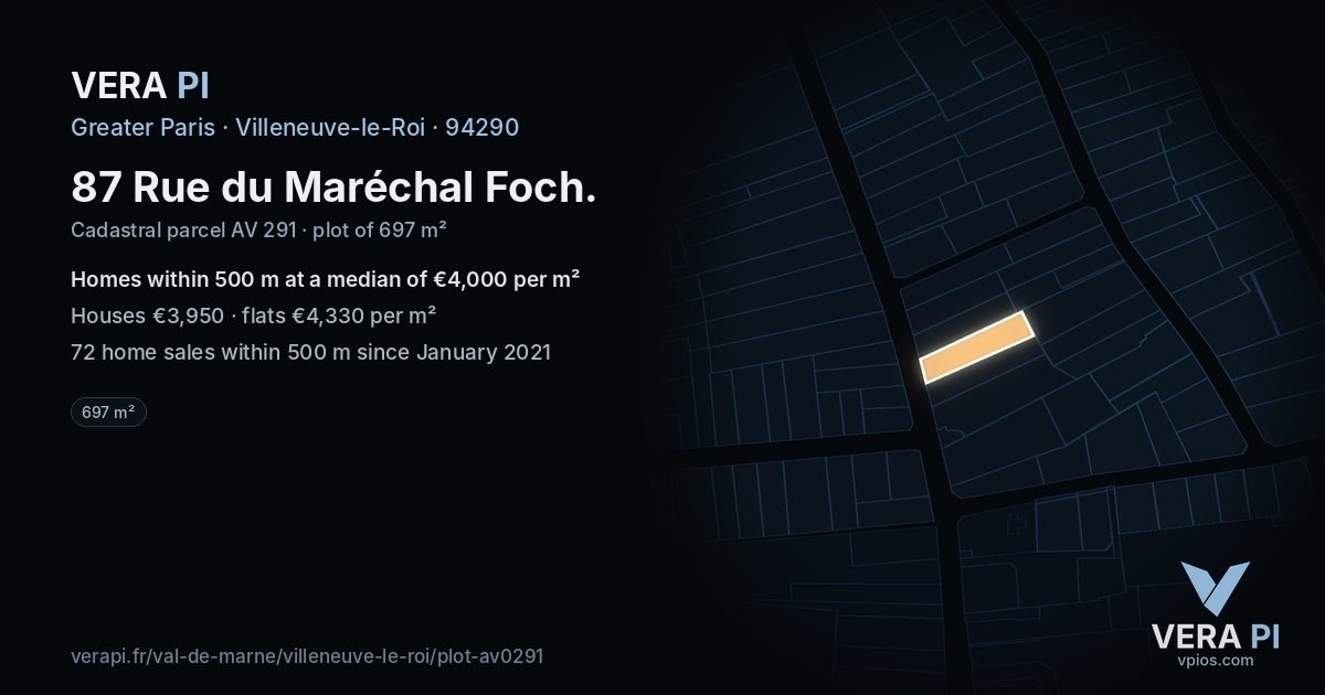 87 Rue du Maréchal Foch, Villeneuve-le-Roi at night – the plot lit, the parcels around coloured by the prices near them