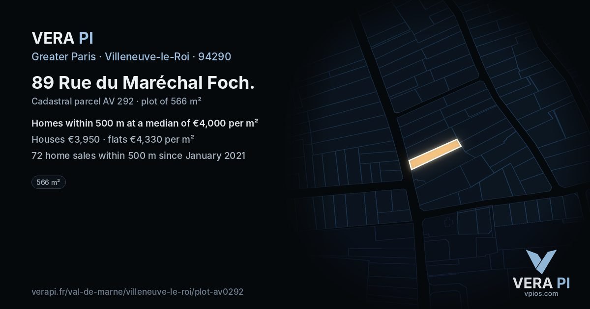 89 Rue du Maréchal Foch, Villeneuve-le-Roi at night – the plot lit, the parcels around coloured by the prices near them