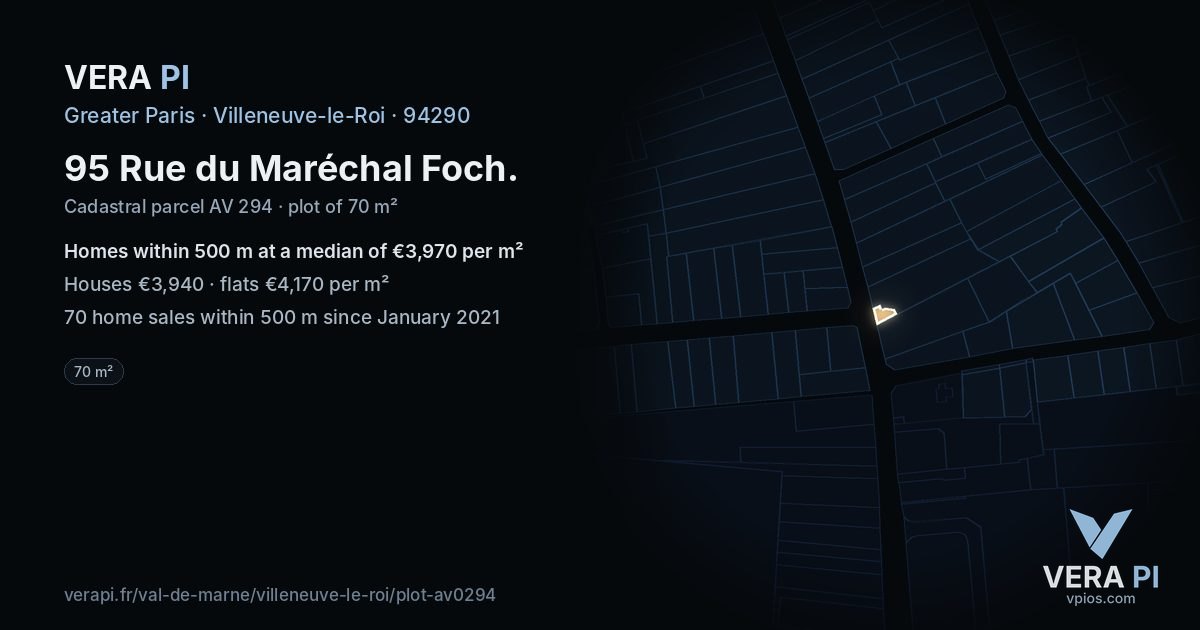 95 Rue du Maréchal Foch, Villeneuve-le-Roi at night – the plot lit, the parcels around coloured by the prices near them