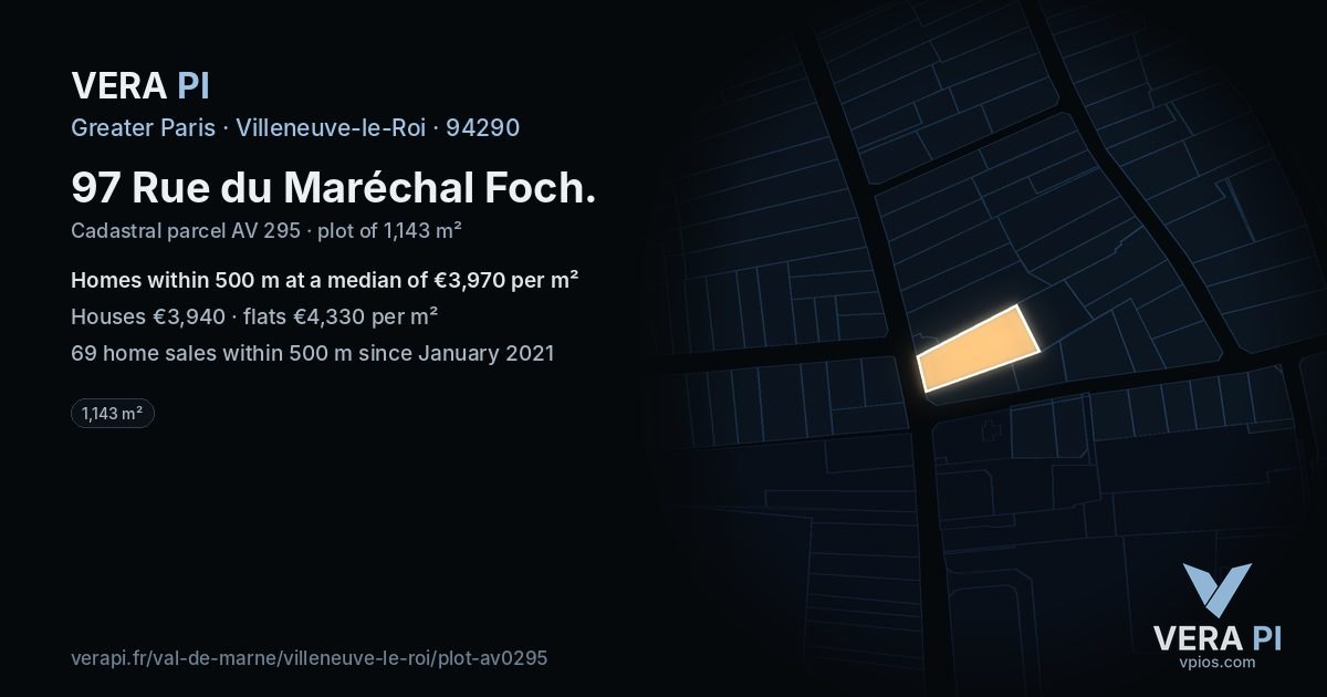 97 Rue du Maréchal Foch, Villeneuve-le-Roi at night – the plot lit, the parcels around coloured by the prices near them