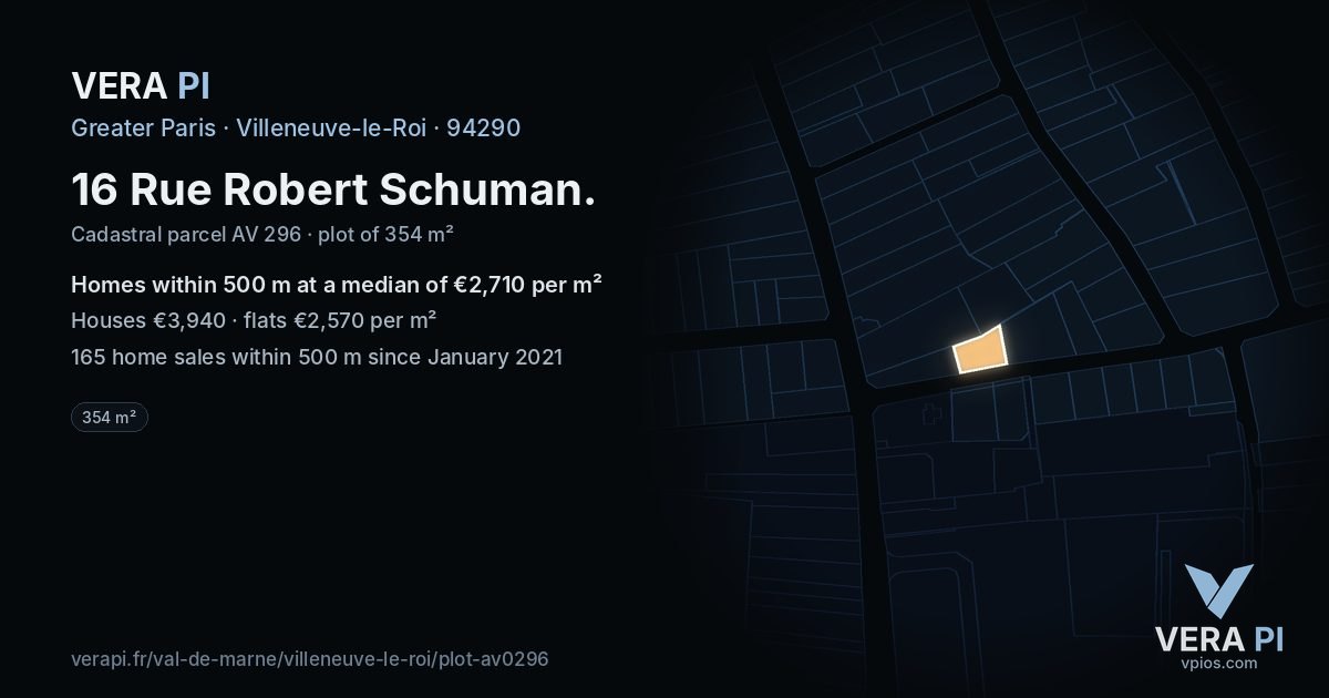 16 Rue Robert Schuman, Villeneuve-le-Roi at night – the plot lit, the parcels around coloured by the prices near them