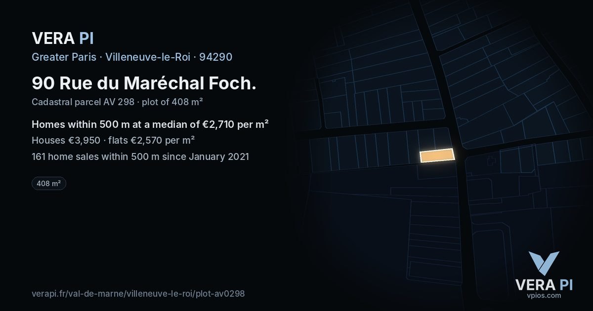 90 Rue du Maréchal Foch, Villeneuve-le-Roi at night – the plot lit, the parcels around coloured by the prices near them