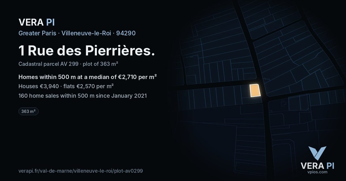 1 Rue des Pierrières, Villeneuve-le-Roi at night – the plot lit, the parcels around coloured by the prices near them