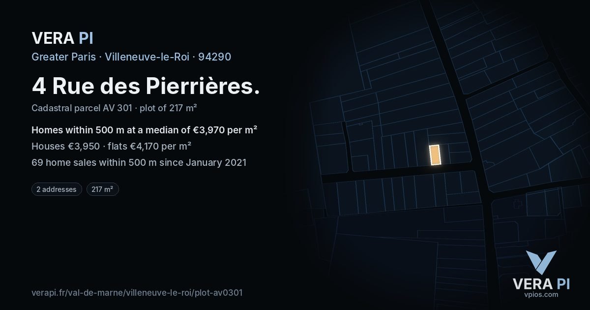4 Rue des Pierrières, Villeneuve-le-Roi at night – the plot lit, the parcels around coloured by the prices near them