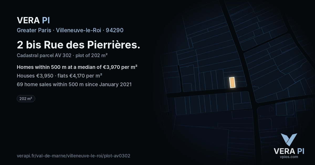 2 bis Rue des Pierrières, Villeneuve-le-Roi at night – the plot lit, the parcels around coloured by the prices near them