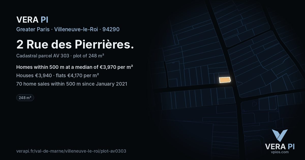 2 Rue des Pierrières, Villeneuve-le-Roi at night – the plot lit, the parcels around coloured by the prices near them