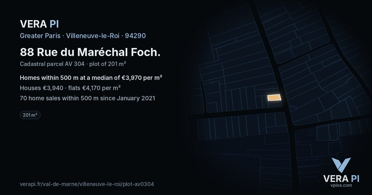 88 Rue du Maréchal Foch, Villeneuve-le-Roi at night – the plot lit, the parcels around coloured by the prices near them