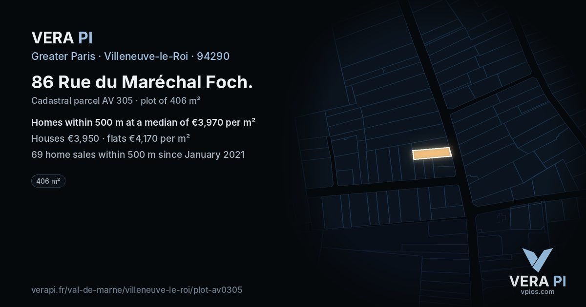 86 Rue du Maréchal Foch, Villeneuve-le-Roi at night – the plot lit, the parcels around coloured by the prices near them
