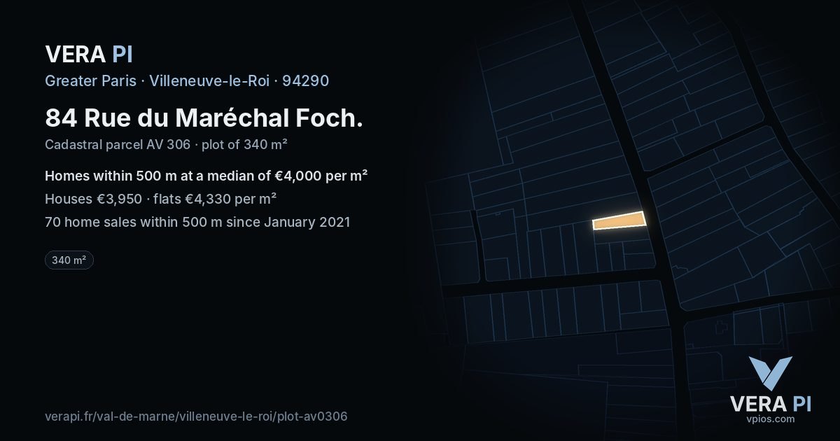 84 Rue du Maréchal Foch, Villeneuve-le-Roi at night – the plot lit, the parcels around coloured by the prices near them