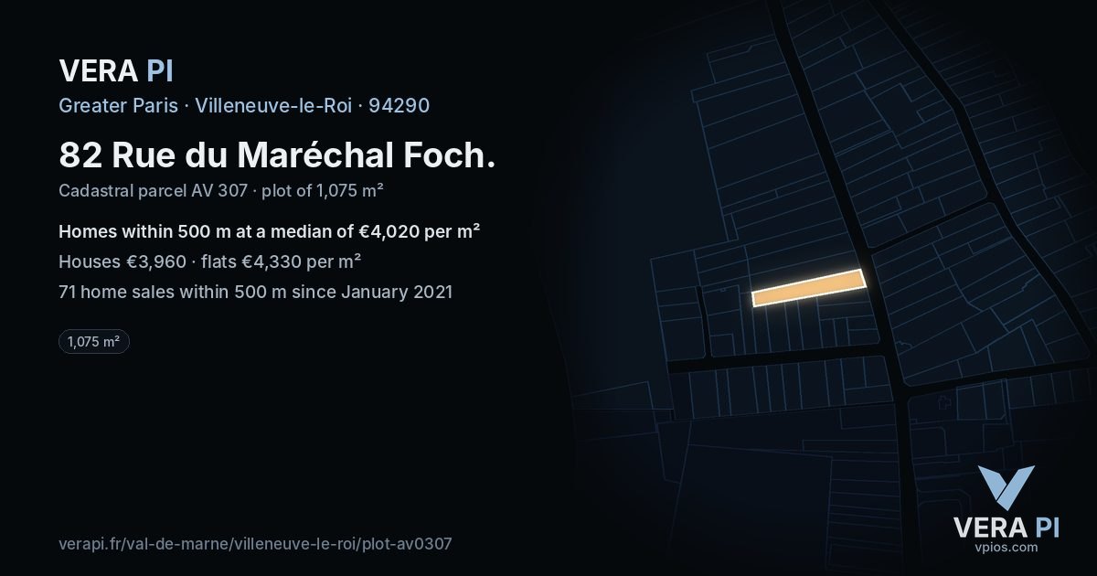 82 Rue du Maréchal Foch, Villeneuve-le-Roi at night – the plot lit, the parcels around coloured by the prices near them