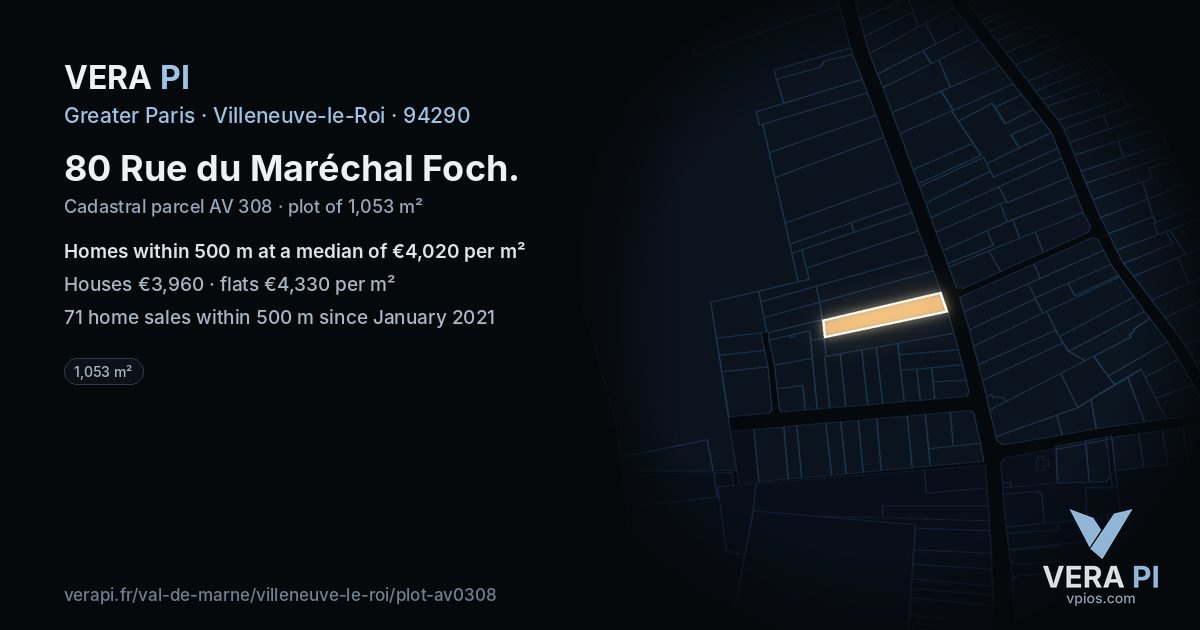 80 Rue du Maréchal Foch, Villeneuve-le-Roi at night – the plot lit, the parcels around coloured by the prices near them
