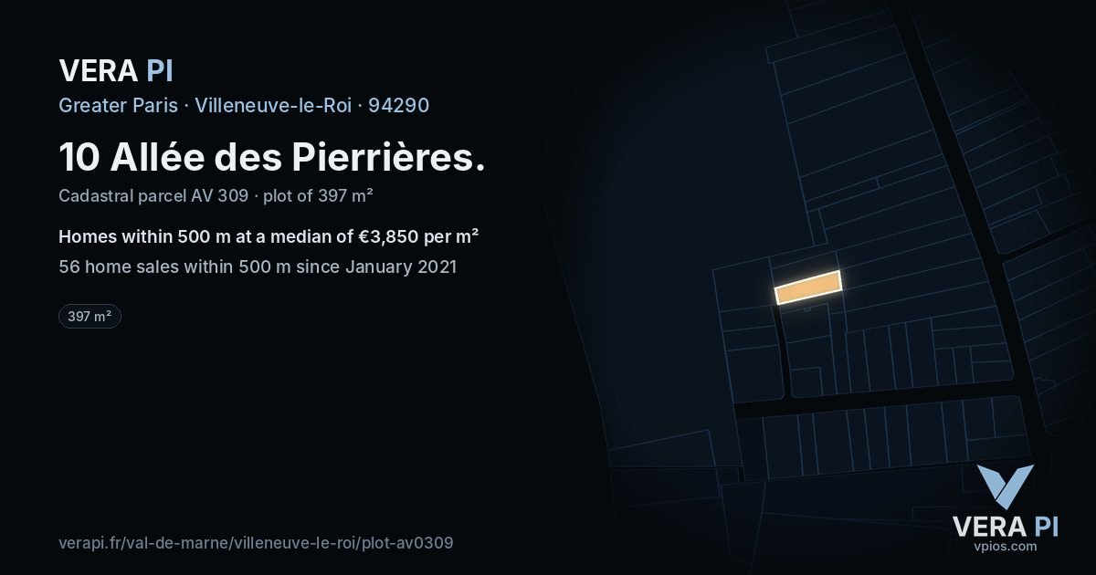 10 Allée des Pierrières, Villeneuve-le-Roi at night – the plot lit, the parcels around coloured by the prices near them