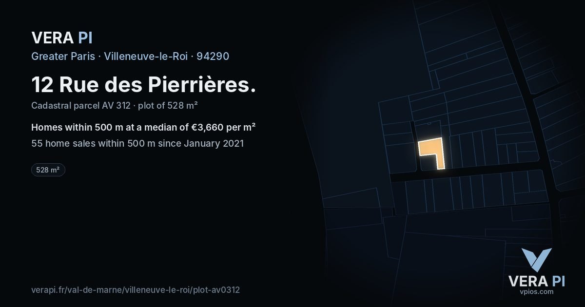 12 Rue des Pierrières, Villeneuve-le-Roi at night – the plot lit, the parcels around coloured by the prices near them