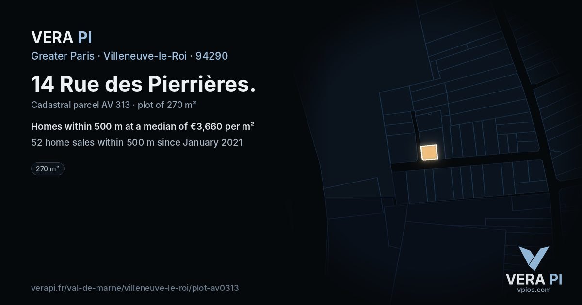 14 Rue des Pierrières, Villeneuve-le-Roi at night – the plot lit, the parcels around coloured by the prices near them