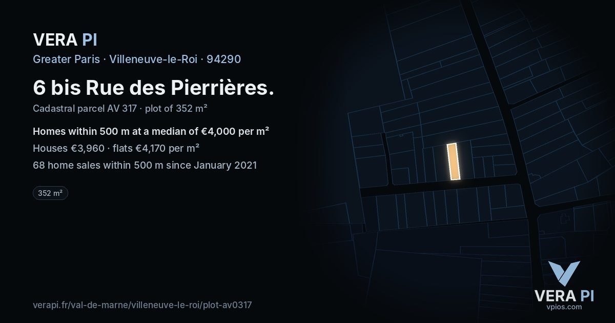 6 bis Rue des Pierrières, Villeneuve-le-Roi at night – the plot lit, the parcels around coloured by the prices near them