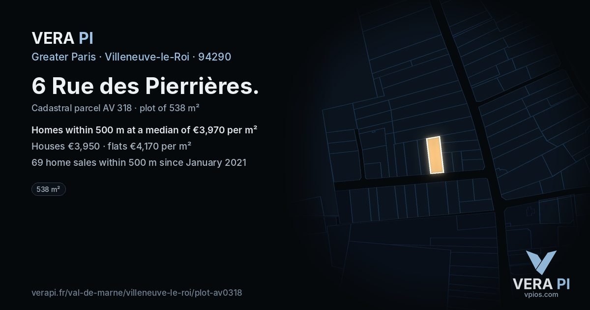 6 Rue des Pierrières, Villeneuve-le-Roi at night – the plot lit, the parcels around coloured by the prices near them