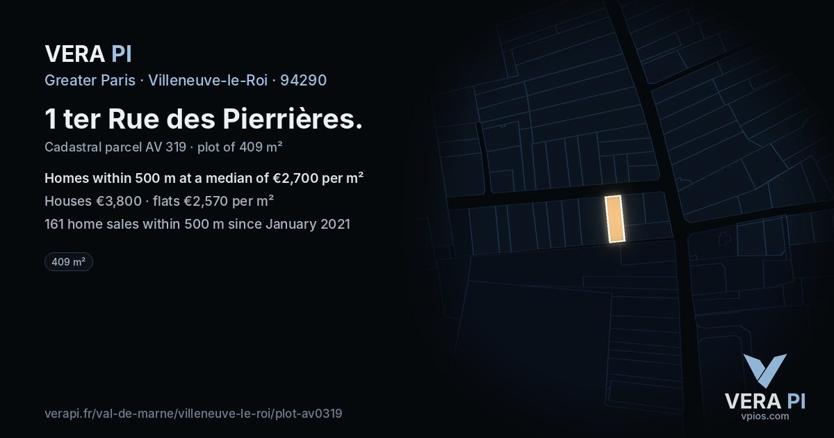 1 ter Rue des Pierrières, Villeneuve-le-Roi at night – the plot lit, the parcels around coloured by the prices near them