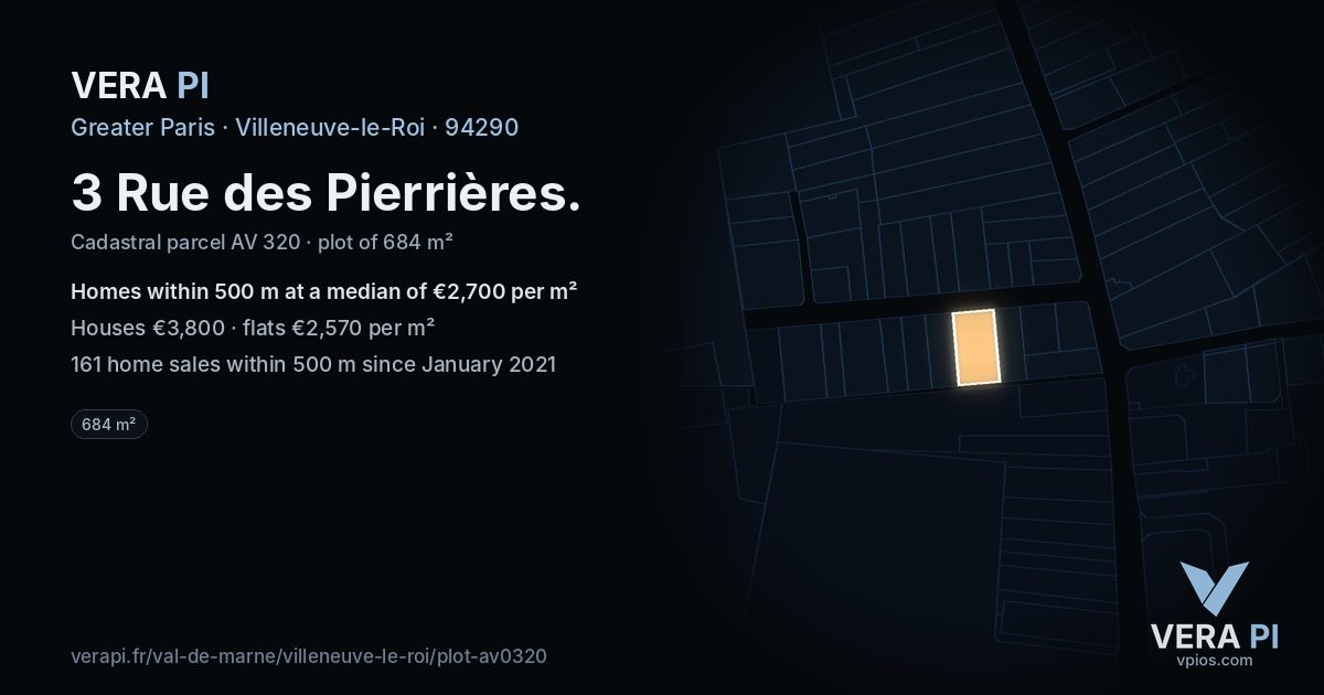 3 Rue des Pierrières, Villeneuve-le-Roi at night – the plot lit, the parcels around coloured by the prices near them