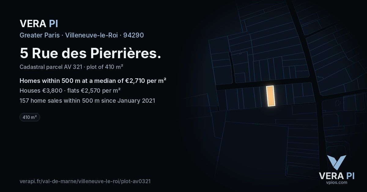 5 Rue des Pierrières, Villeneuve-le-Roi at night – the plot lit, the parcels around coloured by the prices near them