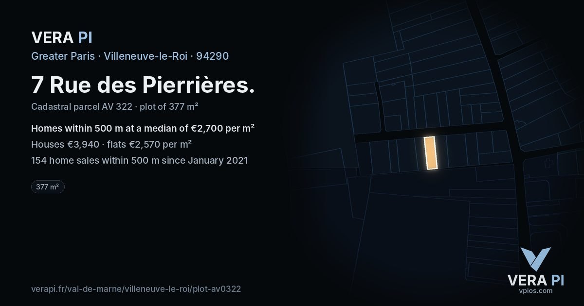 7 Rue des Pierrières, Villeneuve-le-Roi at night – the plot lit, the parcels around coloured by the prices near them