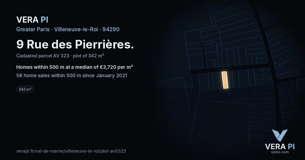 9 Rue des Pierrières, Villeneuve-le-Roi at night – the plot lit, the parcels around coloured by the prices near them