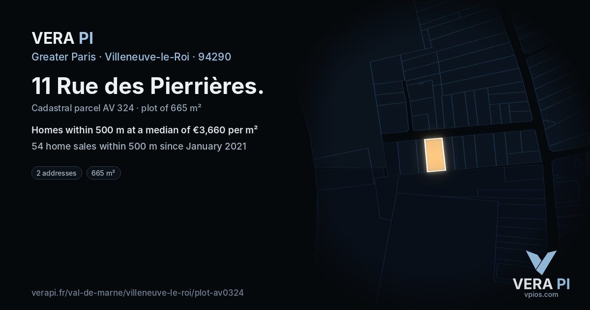 11 Rue des Pierrières, Villeneuve-le-Roi at night – the plot lit, the parcels around coloured by the prices near them