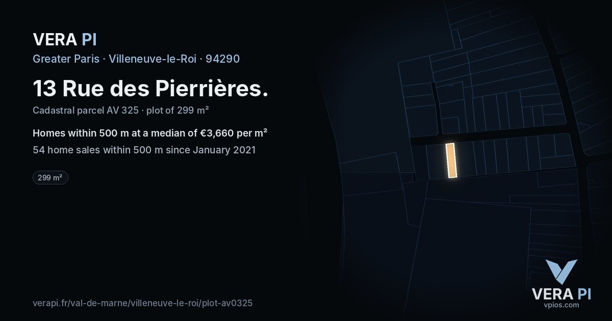 13 Rue des Pierrières, Villeneuve-le-Roi at night – the plot lit, the parcels around coloured by the prices near them