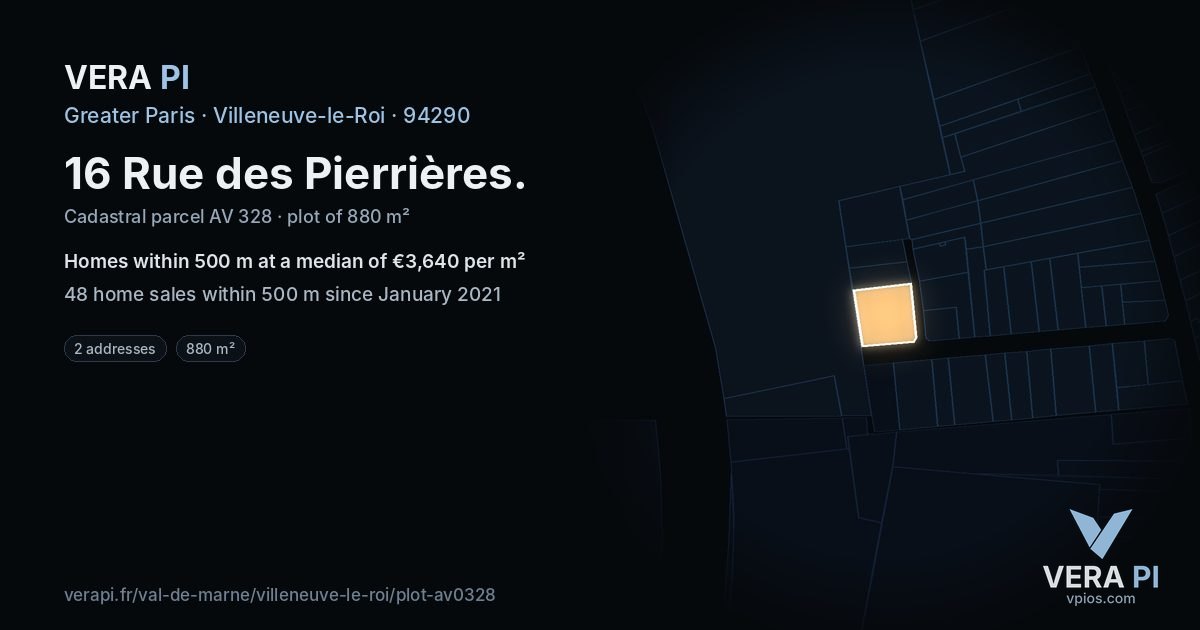 16 Rue des Pierrières, Villeneuve-le-Roi at night – the plot lit, the parcels around coloured by the prices near them