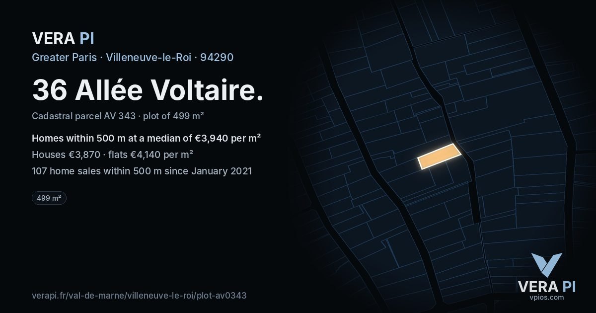 36 Allée Voltaire, Villeneuve-le-Roi at night – the plot lit, the parcels around coloured by the prices near them