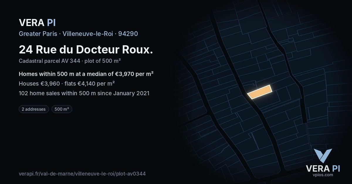24 Rue du Docteur Roux, Villeneuve-le-Roi at night – the plot lit, the parcels around coloured by the prices near them