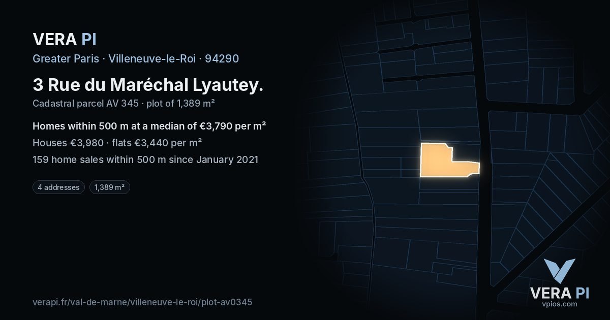 3 Rue du Maréchal Lyautey, Villeneuve-le-Roi at night – the plot lit, the parcels around coloured by the prices near them