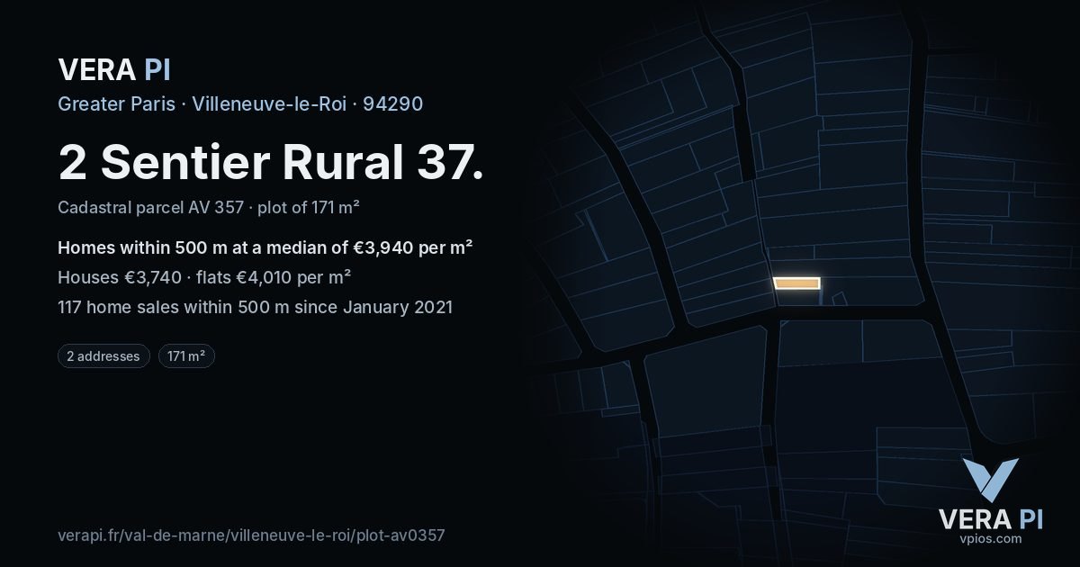 2 Sentier Rural 37, Villeneuve-le-Roi at night – the plot lit, the parcels around coloured by the prices near them