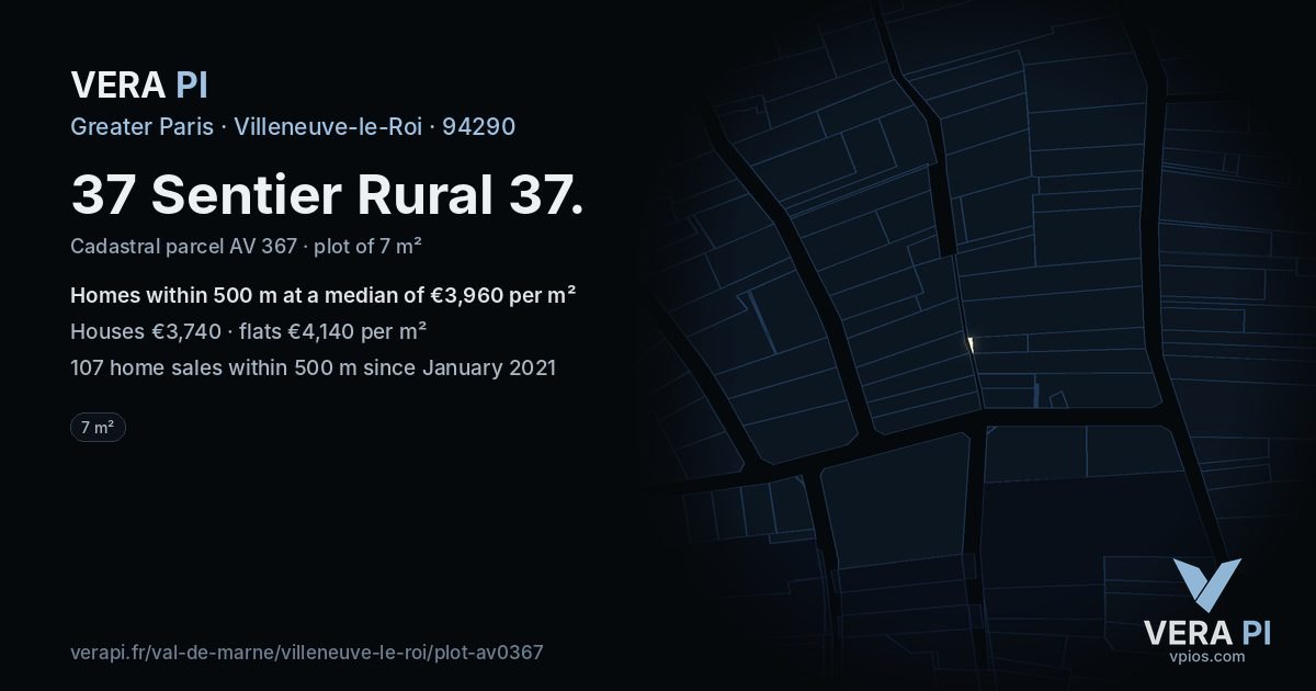 37 Sentier Rural 37, Villeneuve-le-Roi at night – the plot lit, the parcels around coloured by the prices near them