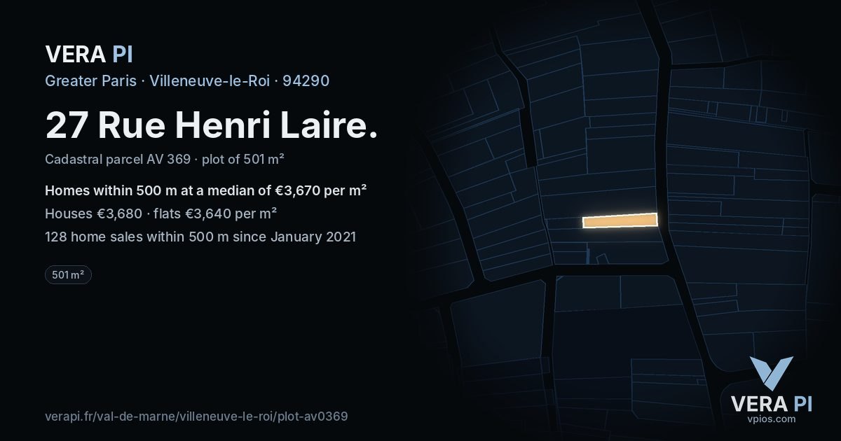 27 Rue Henri Laire, Villeneuve-le-Roi at night – the plot lit, the parcels around coloured by the prices near them