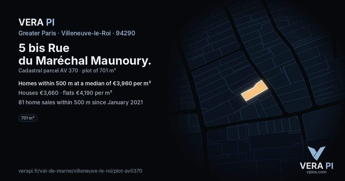 5 bis Rue du Maréchal Maunoury, Villeneuve-le-Roi at night – the plot lit, the parcels around coloured by the prices near them