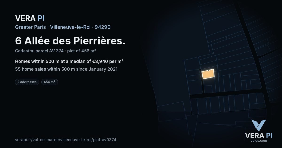 6 Allée des Pierrières, Villeneuve-le-Roi at night – the plot lit, the parcels around coloured by the prices near them
