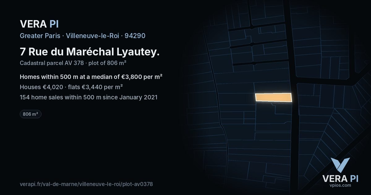 7 Rue du Maréchal Lyautey, Villeneuve-le-Roi at night – the plot lit, the parcels around coloured by the prices near them